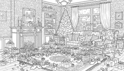 Zwart-wit kleurplaat van een gedetailleerde kerst woonkamer met kerstboom, open haard, cadeaus, meubels en besneeuwd uitzicht, vol feestelijke elementen.