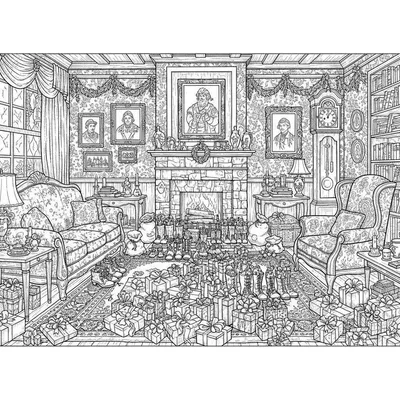 Gedetailleerde kerstkamer kleurplaat met open haard, kerstcadeaus, versierde schoorsteenmantel, comfortabele meubels, boekenkast, staande klok en feestelijke decoraties.