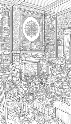 Gedetailleerde zwart-wit lijntekening van een gezellige Sinterklaas woonkamer met open haard, brandend vuur, cadeaus, gevulde laarzen, kerstsokken, boekenkasten, bureau, fauteuil met teddyberen, staande klok en een gedecoreerd wandkleed.