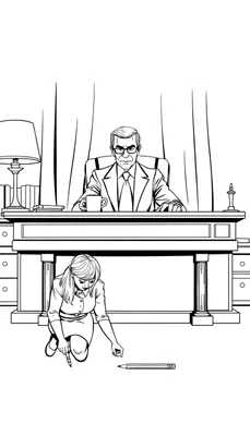 Lijntekening van een kantoor met een man aan een bureau en een vrouw die op de grond knielt voor een potlood.