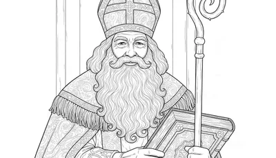 Gedetailleerde Sinterklaas kleurplaat voor volwassenen. Afbeelding van een oudere bisschop met lange baard, versierde mijter, rijk gewaad, kromstaf en boek, vriendelijk kijkend.