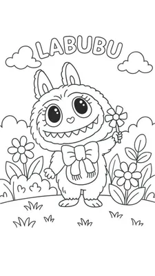 Zwart-wit kleurplaat van het schattige, harige wezentje LABUBU met grote ogen, een hartvormig neusje en puntige tanden, staand op een grasveld met een bloem in zijn hand en omringd door bloemen en struiken.