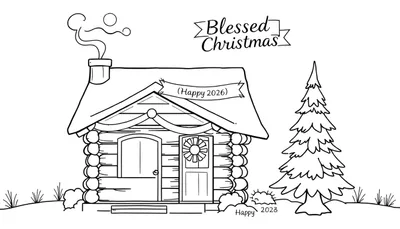 Kleurplaat van een gezellige blokhut met rook uit de schoorsteen, een kerstboom, en feestelijke banners met 'Happy 2026' en 'Blessed Christmas'.