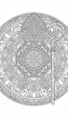 Gedetailleerde Sinterklaas mandala kleurplaat met bisschopsmijter en staf in zwart-wit lijntekening stijl, vol ingewikkelde patronen.