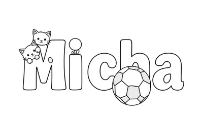 Kleurplaat met de naam Micha in grote bubbelletters, twee katjes en een voetbal.