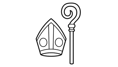 Zwart-witte lijntekening van een mijter met band en versieringen links, en een bisschopsstaf met krul en ringen rechts. Geschikt als kleurplaat voor peuters.