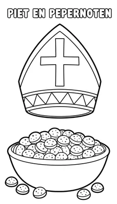 Kleurplaat met een Sinterklaas mijter met kruis en driehoeken, een kom vol pepernoten en losse pepernoten, en de tekst 'PIET EN PEPERNOTEN'. Geschikt voor peuters.
