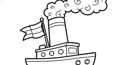 Kleurplaat van een eenvoudige sleepboot of stoomboot met hoge schoorsteen en rook, vlag, patrijspoorten en reling, geschikt voor peuters.