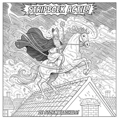 Zwart-wit stripboekillustratie van Sinterklaas op een wild springend wit paard te midden van een hevige storm boven daken met schoorstenen. Windlijnen, bliksem, rondvliegende bladeren en teksten "STRIPBOEK ACTIE!" en "DE STORMWAACHGALS!" benadrukken de dynamiek en actie.