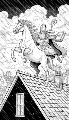 Gedetailleerde zwart-wit kleurplaat van Sinterklaas op zijn steigerende witte paard rijdend over de daken tijdens stormachtig weer, met kromstaf en open boek.