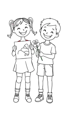 Kleurplaat van een lachend meisje met staartjes en een tekening, naast een lachende jongen met een bloem.