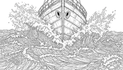Moeilijke Sinterklaas kleurplaat van de boeg van een schip dat door woeste, schuimende golven vaart, met details als klinknagels en patrijspoorten.