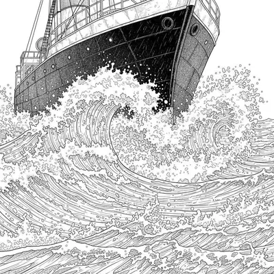 Zwart-wit kleurplaat van een groot passagiersschip (oceaanstomer) dat door hoge, opspattende golven vaart, gezien vanaf de boeg, in een gedetailleerde, klassieke tekenstijl.