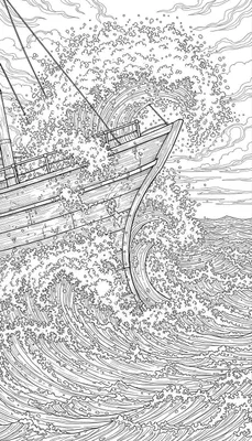Gedetailleerde Sinterklaas kleurplaat: houten zeilschip met mast en tuigage op woeste, stormachtige zee met opspattende golven en schuim onder een bewolkte lucht.
