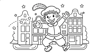 Kleurplaat van een vrolijk springende jongen met een Piet-achtige outfit (muts met veer, ronde kraag, puntschoenen) voor een achtergrond van Nederlandse grachtenpanden met diverse gevels en ramen, omringd door sterren. Links op de voorgrond is een stippellijn langs een golvende lijn te zien.