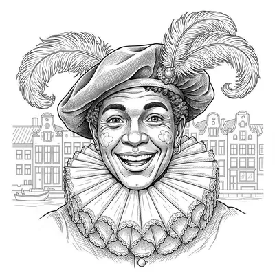 Zwart-wit kleurplaat van een vrolijke Zwarte Piet met donkere huid, krullend haar, brede glimlach, molensteenkraag en een baretmuts met veren. Op de achtergrond typische Nederlandse grachtenpanden en een gracht met bootje.