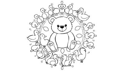 Kleurplaat van een zittende beer met een vriendelijk gezicht, omringd door een mandala-achtige cirkel van eendjes en blaadjes. Een eendje bovenaan draagt een kroontje.