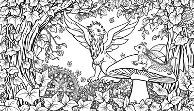 Gedetailleerde zwart-wit kleurplaat van een fantasiebos met een grote griffioen, een klein draakje op een paddenstoel, bomen, bloemen en een cirkelvormig object.