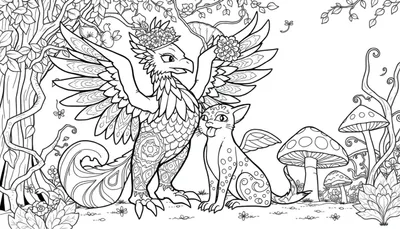 Kleurplaat van een grote griffioen-achtige vogel met bloemenkroon en een kleine gevleugelde kat die samen in een gedetailleerde fantasietuin staan, omringd door bomen, bloemen en paddenstoelen.