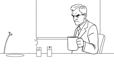 Zwart-wit cartoontekening van een serieuze man met bril en pak die geërgerd naar links kijkt, zittend aan een tafel met een microfoon, rokende asbak en pennenhouder.