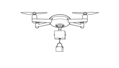 Eenvoudige lijntekening van een drone met propellers en een hangend pakketje, ideaal om in te kleuren.