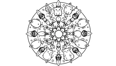Een zwart-wit lijntekening van een gedetailleerde mandala met een bloem in het midden, omringd door plantmotieven en acht kleine, schattige knaagdieren in de buitenste ring.
