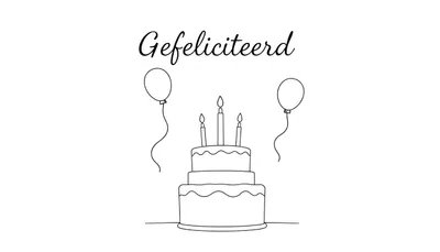 Kleurplaat van een verjaardagstaart met drie brandende kaarsjes en ballonnen, met de tekst 'Gefeliciteerd'. Zwart-wit lijntekening.