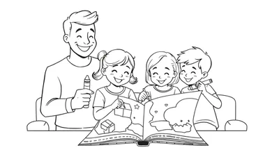 Een zwart-wit kleurplaat van een man en drie kinderen die samen tekenen in een boek. Ze lachen allemaal en houden kleurpotloden vast.