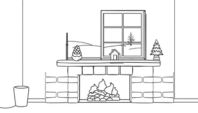 Zwart-witte kleurplaat van een gezellig interieur met open haard, schoorsteenmantel met kerstdecoraties en een winterlandschap door het raam.