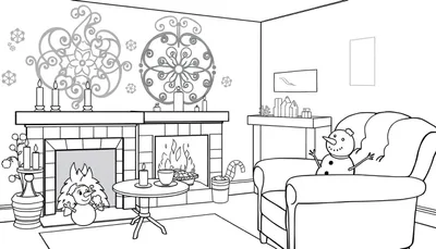 Kleurplaat van een warme woonkamer in winterse stijl met open haarden, sneeuwpop, kaarsen en decoraties.