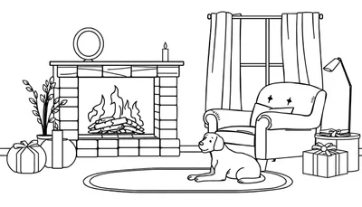 Kleurplaat van een gezellige woonkamer met open haard, hond, fauteuil, raam, bijzettafel en staande lamp.