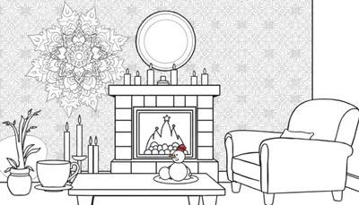 Zwart-wit kleurplaat van een gezellige woonkamer met kerstsfeer, inclusief schoorsteen, sneeuwpop, plant en fauteuil.