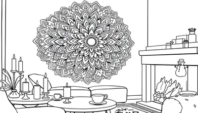 Zwart-wit lijntekening van een gezellige woonkamer kleurplaat met mandala, haardvuur, sneeuwpop, kaarsen en cadeautjes.