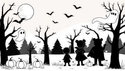 Zwart-wit Halloween kleurplaat met een volle maan, vleermuizen, kale bomen, twee spoken, drie kinderen in silhouet (één met cape en berenoren) en pompoenen op de grond.