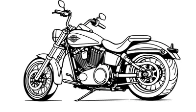 Zwart-wit lijntekening van een gedetailleerde Harley Davidson motorfiets in zijaanzicht, staand op de zijstandaard, met het 'HARLEY DAVIDSON CYCLES' logo op de tank.