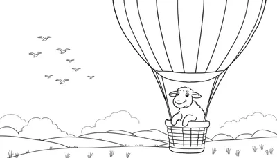 Kleurplaat van een heteluchtballon met een schaap in de mand, vogels en een heuvelachtig landschap.
