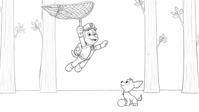 Zwart-wit kleurplaat van Paw Patrol's Chase die met een vangnet zweeft, terwijl een kleinere hond op de grond toekijkt in een bosrijke omgeving.