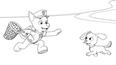 Kleurplaat van Paw Patrol's Chase in politie-uniform die rent met een vangnet, samen met een kleine, blije puppy met hangoren die ook rent, tegen een achtergrond van een kronkelend pad. De honden lijken samen te spelen.