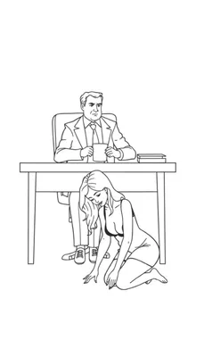 Zwart-wit kleurplaat van een kantoor met een man aan een bureau en een vrouw op de grond onder het bureau.