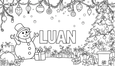 Zwart-wit kerst kleurplaat met de naam LUAN, een sneeuwpop, kerstboom, cadeautjes en kerstdecoraties.