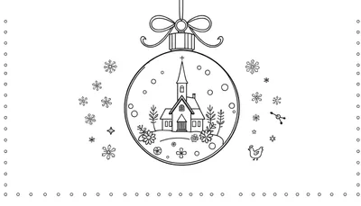 Zwart-wit kleurplaat van een kerstbal met een winterlandschap, kerkje, sneeuwvlokken en een vogeltje.