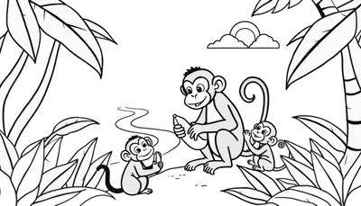 Kleurplaat van drie apen in een jungle: een grote aap deelt bananen met twee kleintjes, omringd door bladeren en planten, met een regenboog op de achtergrond.