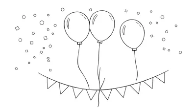 Zwart-wit kleurplaat met drie ballonnen, een vlaggenlijn en confetti.