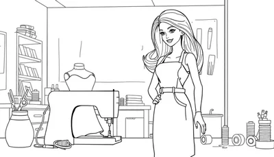 Zwart-witte kleurplaat van een glimlachende Barbie-achtige vrouw staand in een naaiatelier met een naaimachine, paspop, boeken en garen.