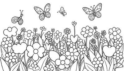 Zwart-wit kleurplaat van een bloemenveld met vier vliegende vlinders van verschillende groottes.