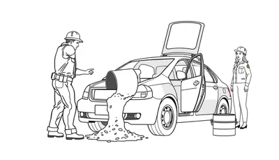 Illustratie van een kleurplaat met twee werknemers in veiligheidshelmen die een donkere, korrelige substantie in de open motorkap van een auto gieten. Een deel van de substantie is op de grond gemorst. Een vrouw staat rechts van de auto met een tweede emmer.