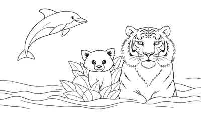 Zwart-wit kleurplaat met een springende dolfijn, een rode panda tussen bladeren en een tijger in het water.