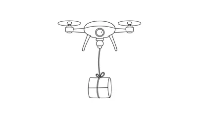 Kleurplaat van een drone met propellers, camera en landingsgestel, die een cadeautje bezorgt.