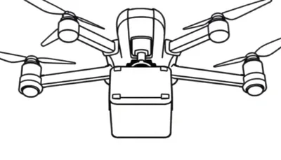 Zwart-witte lijntekening van een vliegende drone, gezien vanaf de voorkant en onderaf. De drone heeft vier armen met propellers en een object aan de onderzijde.