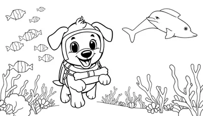 Kleurplaat van een lachende hond in een duikerspak met een bot, omringd door vissen, een dolfijn, zeewier en koraal.